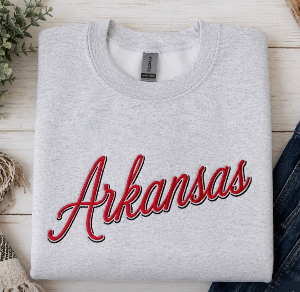 Arkansas Shadow Script Embroidered Crewneck