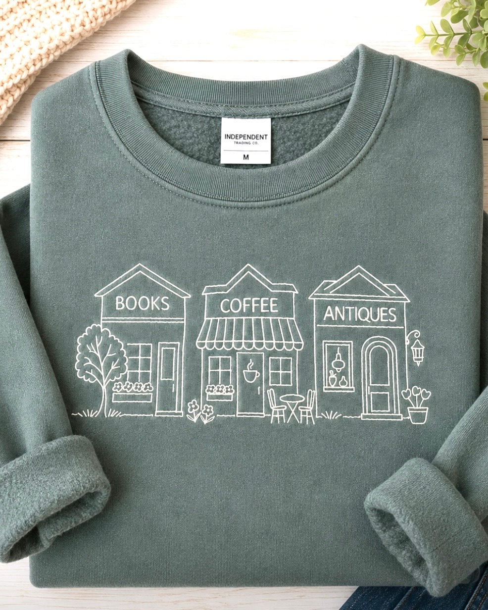 Books Coffee Antiques Embroidered Crewneck